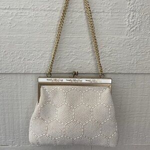 Vintage Ivory Beaded Purse With Hexagon Pattern And Gold Chain Made In Hong Kong